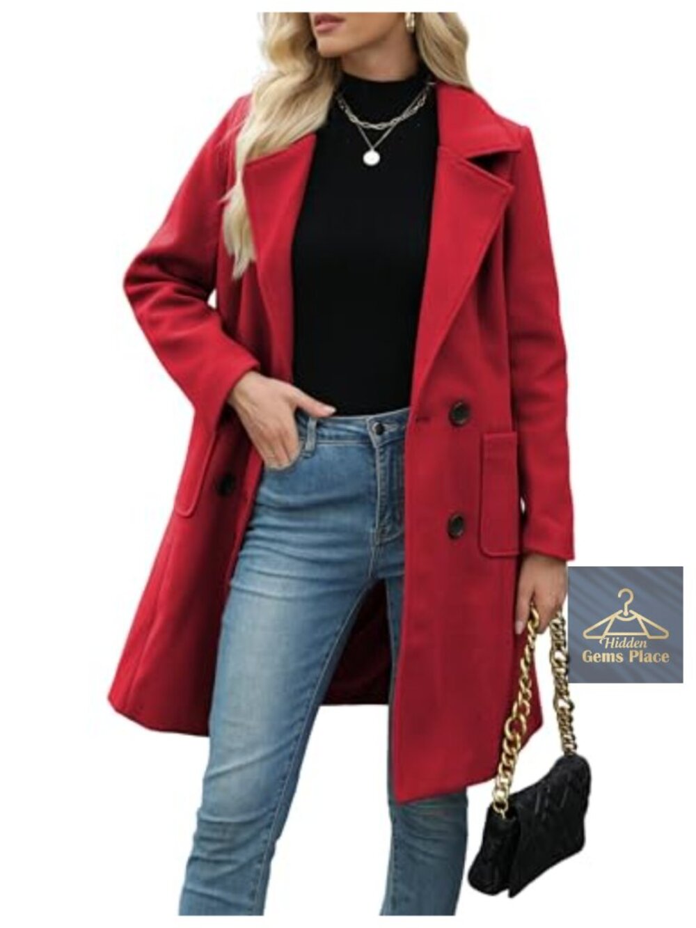 Women Wool Blend Pea Coat Notch Lapel Double-Breasted Winter Long Jacket
